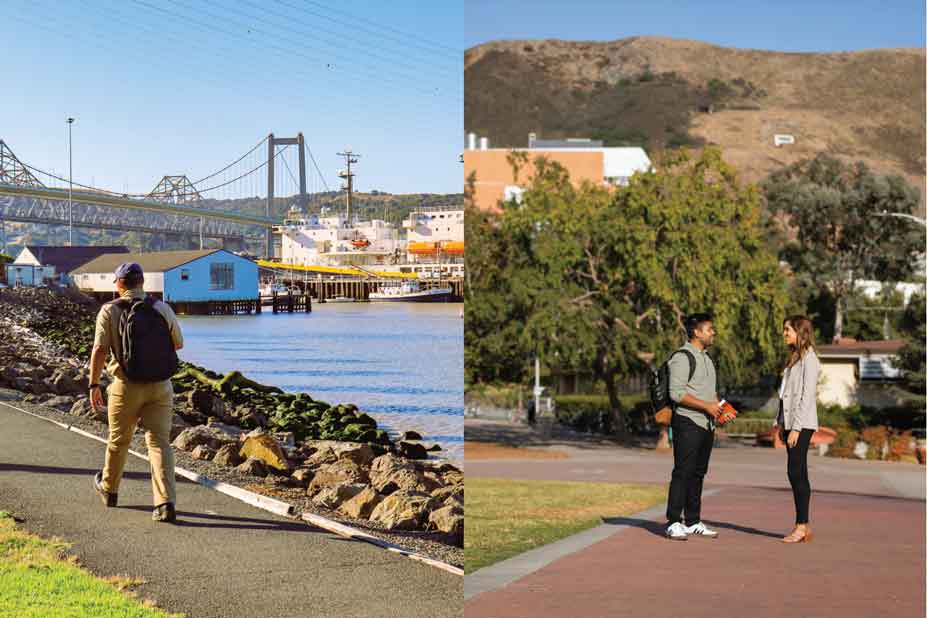 photo of students at two campuses, side-by-side, on a bright sunny day