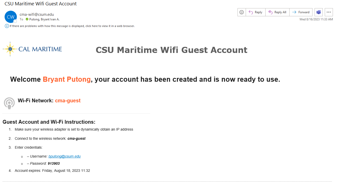  photo of the welcome email for guest wifi registration 